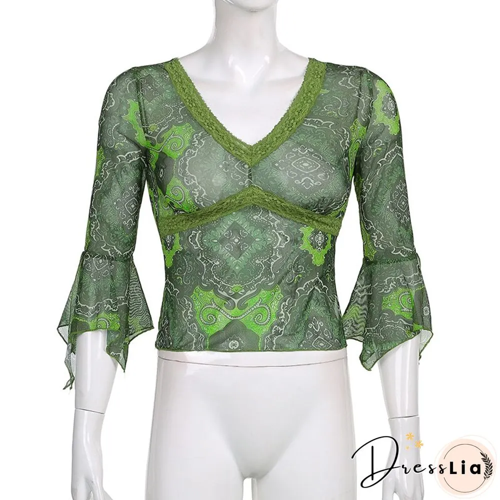 Autumn Lace Floral Mesh Tops Women Vintage Half Flare Sleeve Neck T-Shirts Female Elegant