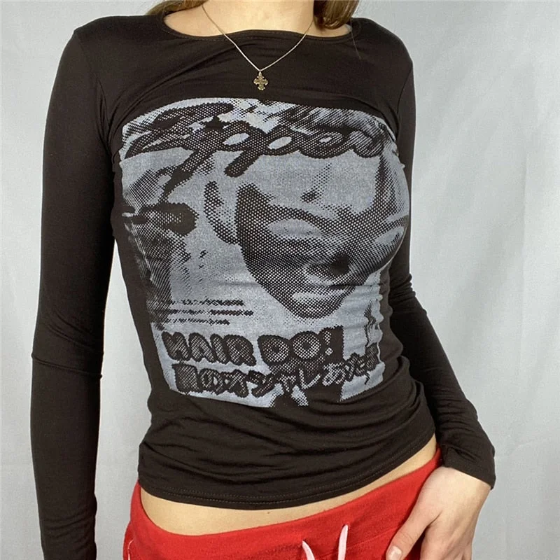 Xingqing Gothic Portrait Print T-shirt Aesthetic Short Sleevle Sweats Tees Harajuku Streetwear White Crop Top Women Clothes
