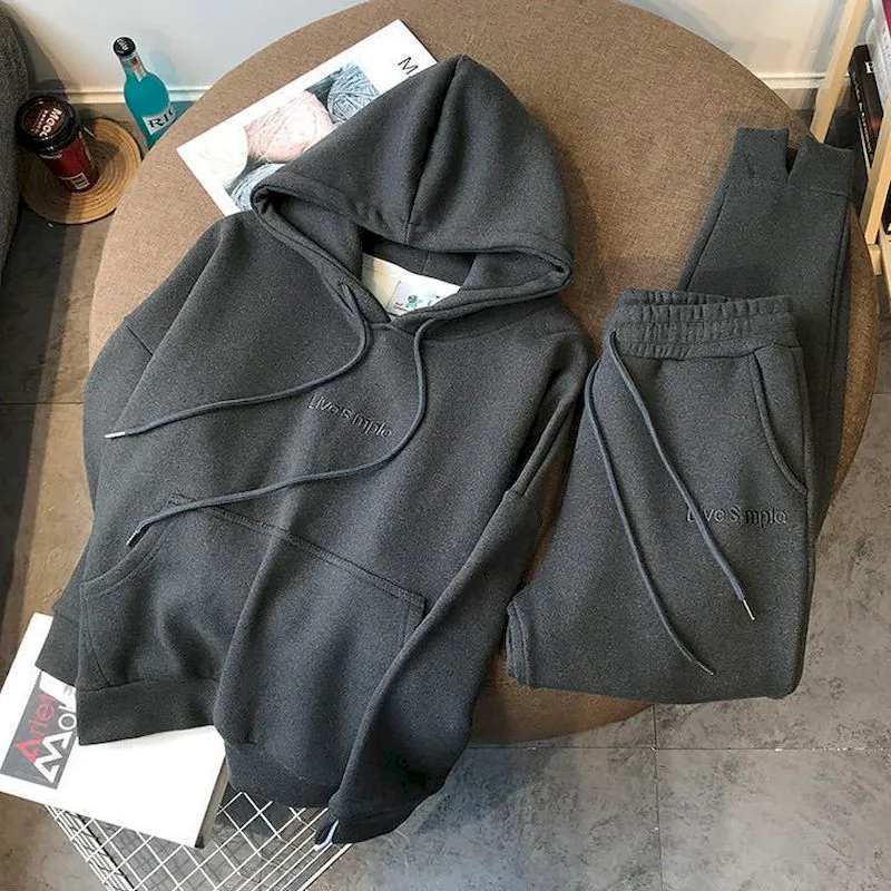Autumn and winter new suit thickened plus velvet pullover hooded  women's suit sports and leisure two-piece trousers and leisure