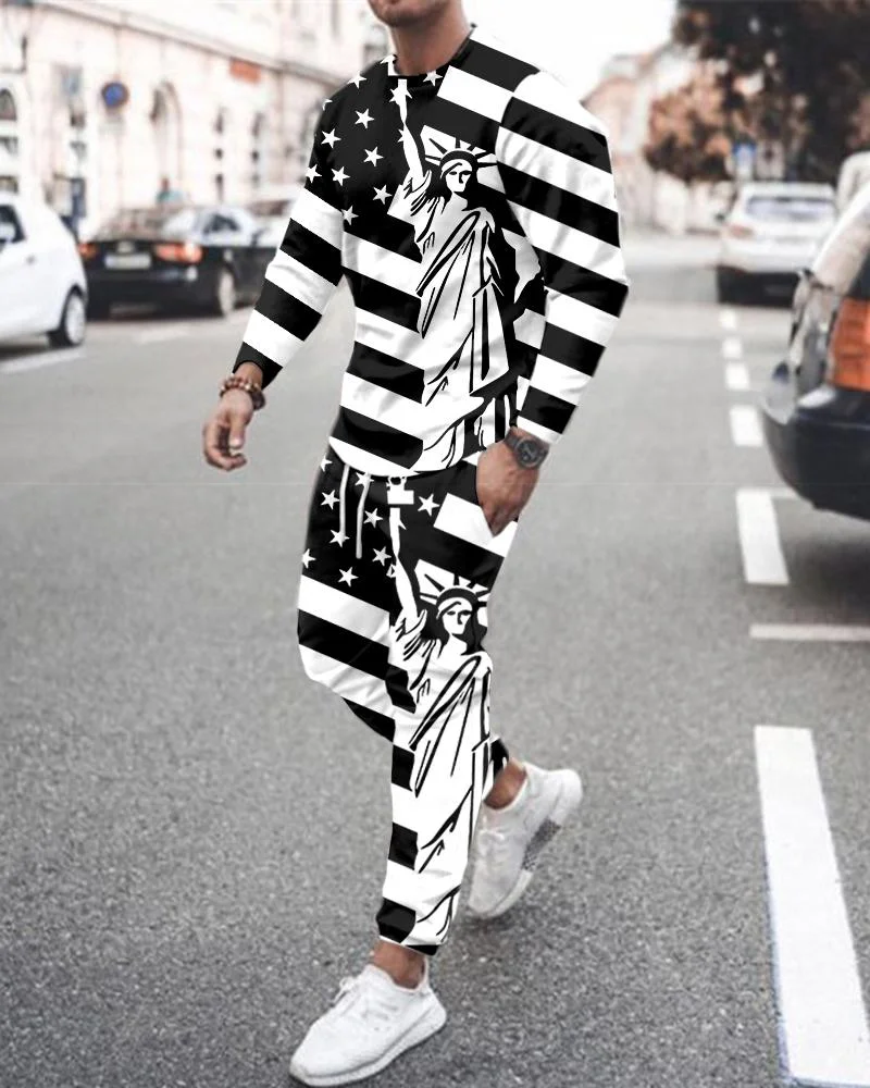 Men's casual black and white striped sports long-sleeved suit