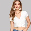 SHEIN Women White Sexy Deep V Neck Slim Fitting Crop Tee 2019 Summer Glamorous Solid Slim Fit Ruched Hem Women Tshirt Tops