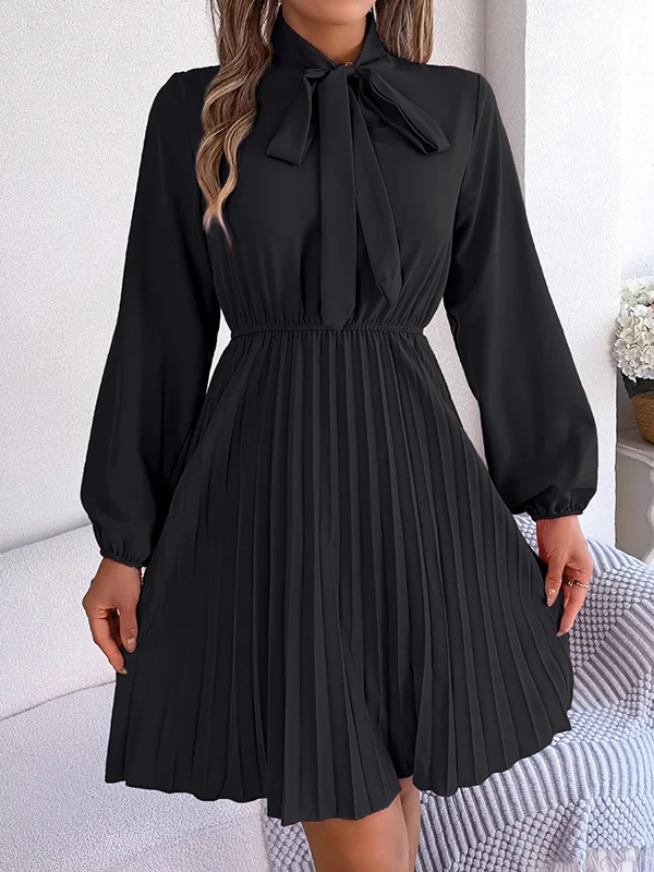 Long Sleeves Loose Pleated Solid Color Tied Mock Neck Mini Dresses