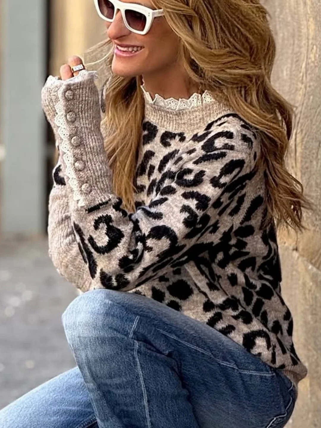 Athvotar Athvotar And Winter New Leopard Sweater Lace Splicing Round Neck Long Sleeve Buckle Knitted Shirt