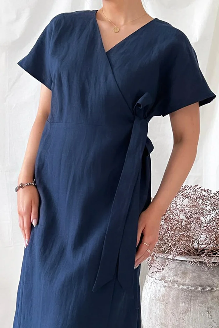 Women's Cotton Linen Dress V-neck Slit dress