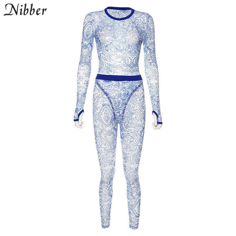 Nibber mesh printing  see-through bodysuit leggings 2two pieces sets women sexy stretch Slim Soft Pullovers Long sleeve spring
