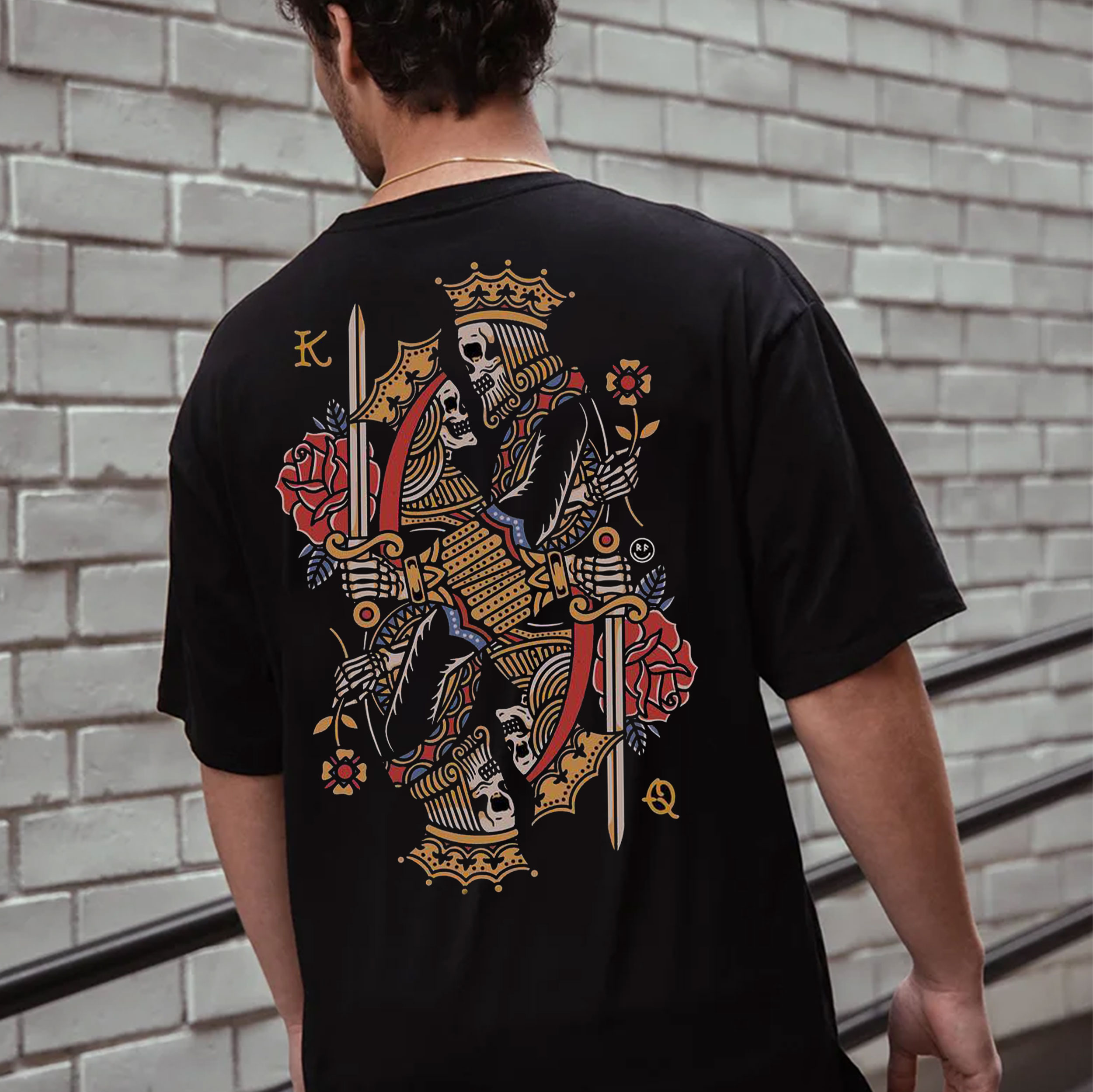 Poker K Skull Kings with Roses Vintage Style Black Print T-Shirt