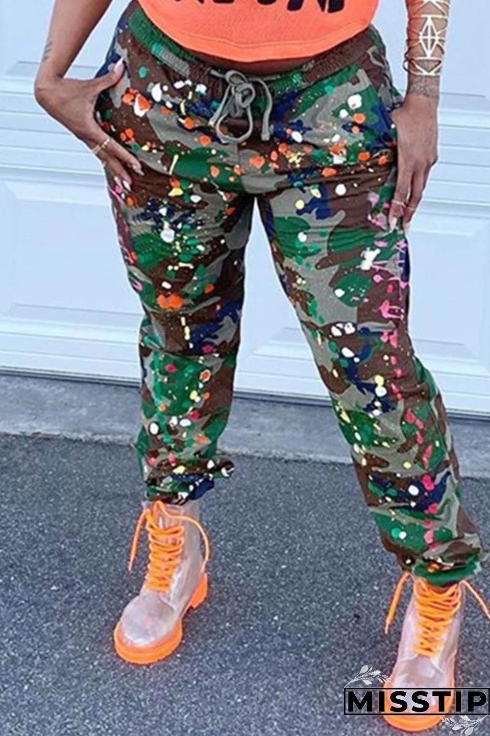 Green Fashion Camouflage Print Basic Regular Trousers