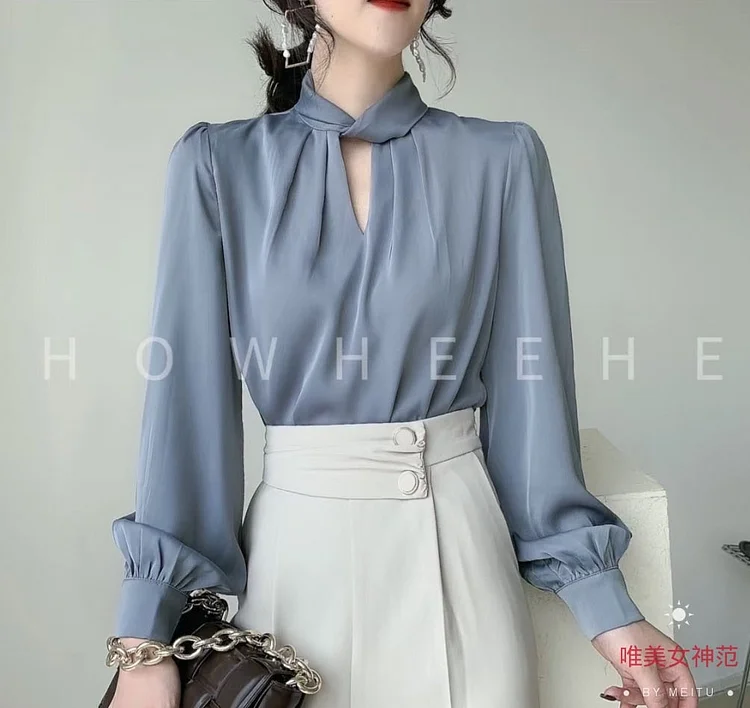 Office Lady Long Lantern Sleeve Shirt 2022 Autumn New Elegant Fashion Acetate Satin Blouses Women Tops Blusa Mujer Clothes 16877