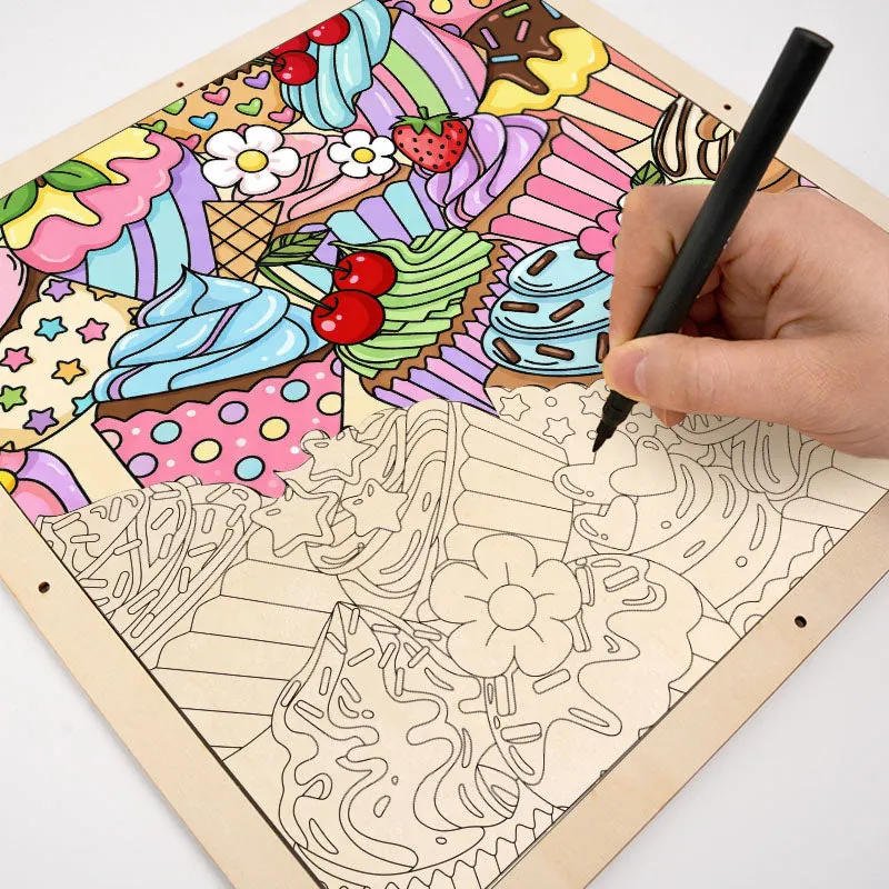 A hand coloring the wooden puzzle
