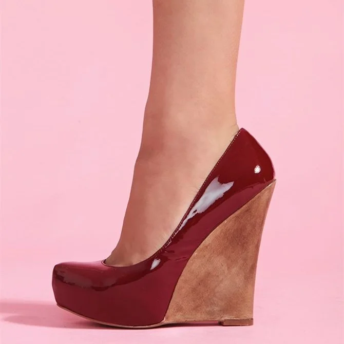 Burgundy Patent Leather Wedge Pumps Vdcoo