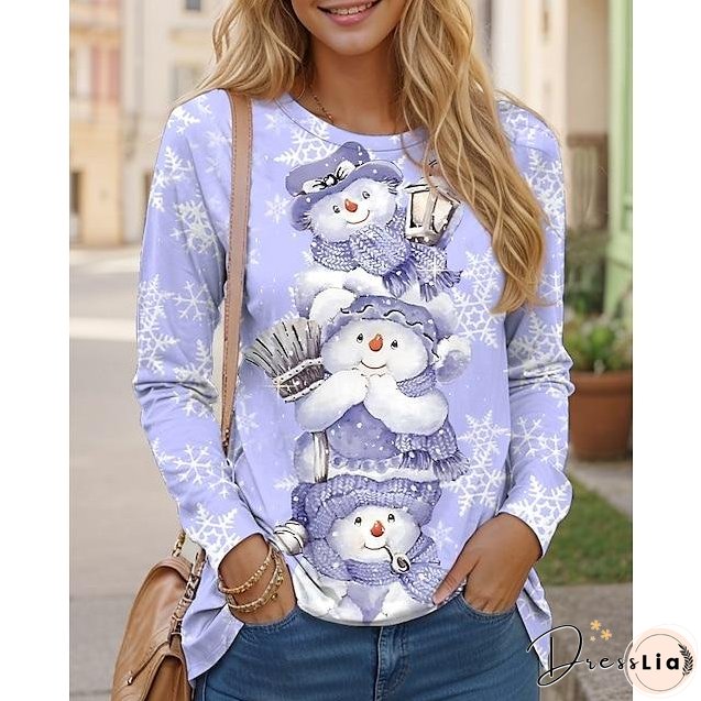 Women's Pink Vintage Snowman Print Round Neck Long Sleeve Top