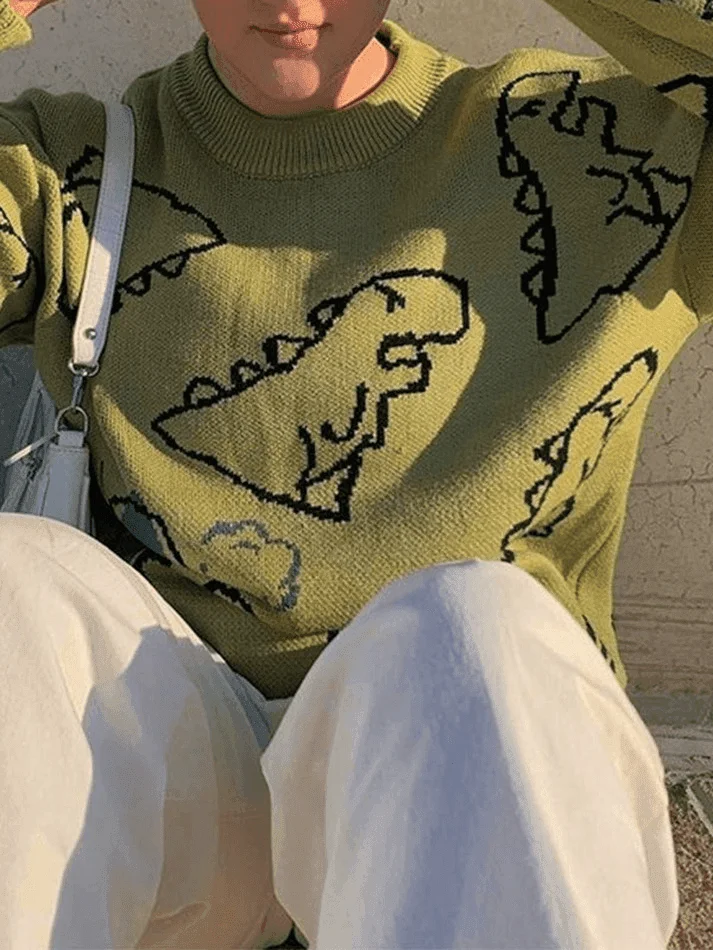 Brownm Dinosaur Crew Knit Sweater