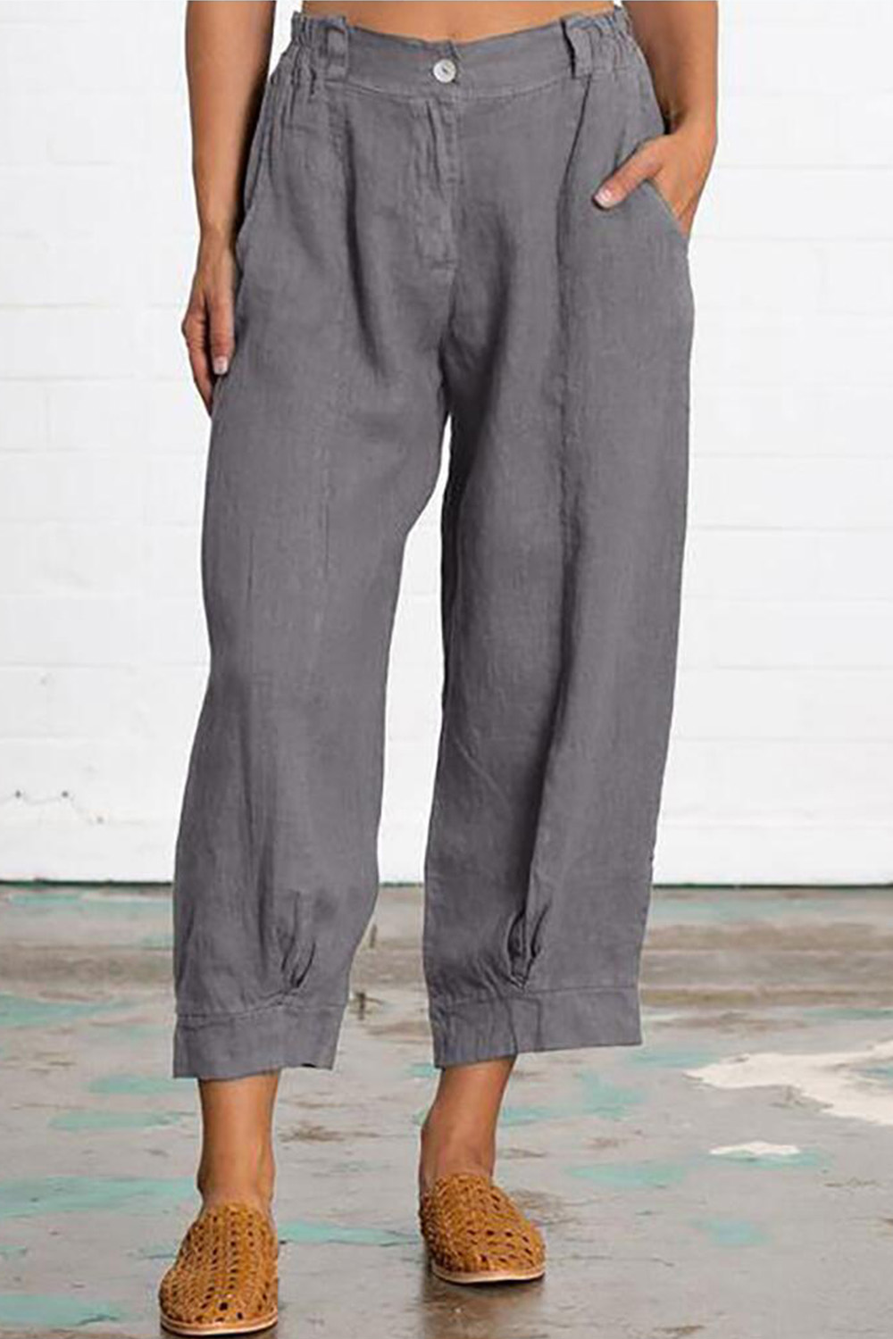 Plus Size Casual Brick Red Cotton And Linen Solid Pocket Loose Cropped Pants 2024 - Flycurvy 