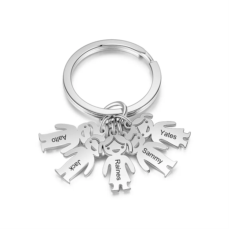 Personalized Keychain with 5 Kid Charms Engraved Names Keychain for Dad