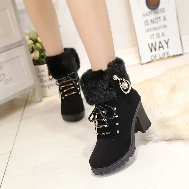 Colourp Colourp 2013 New Rhinestone High Heel Thick Heel Hair Hair Mouth Short Leg Short Boots And Velvet Martin Boots Women's Plus Size Women's Shoes