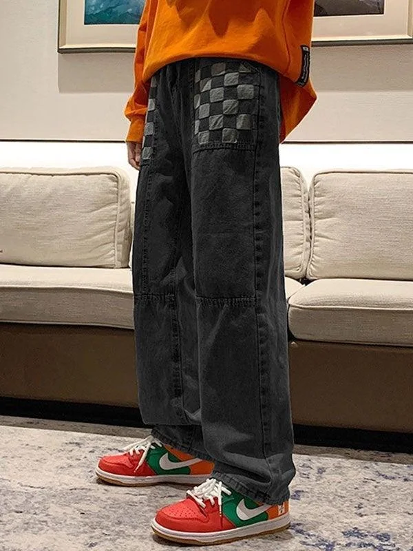Brownm Men's Washed Checkered Patchwork Jeans