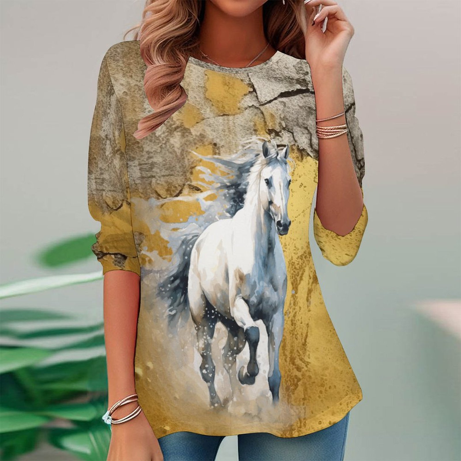 Women Long Sleeve V-neck Graphic Floral Printed Top