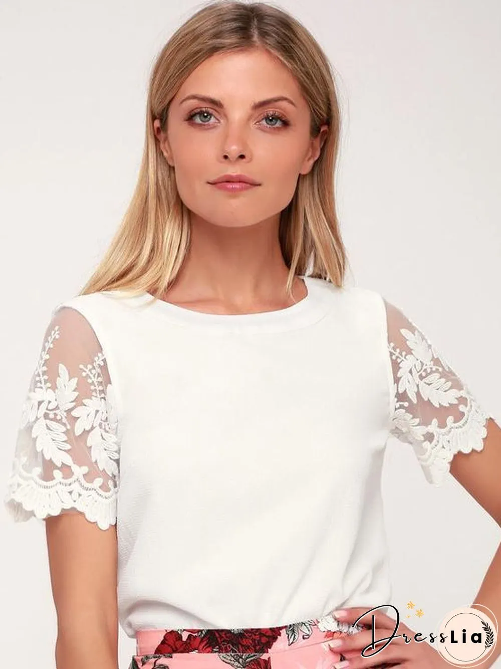 Pink Short Sleeve Floral Embroidered Office Lace Top