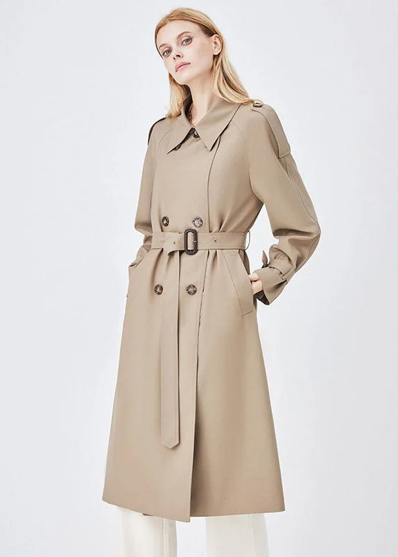 Unique Khaki Peter Pan Collar Pockets Sashes Cotton Double Breast Coat Outwear