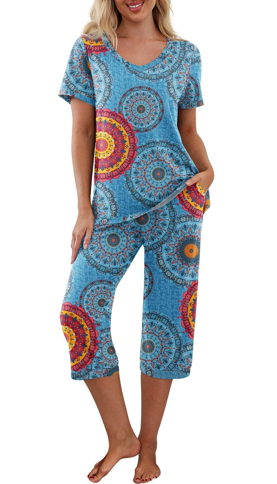 Woherb Woherb Summer And Autumn Thin Round Collar Women's Home Clothing Short Sleeve Cropants Split Pajamas Suit-Outfit Ideas