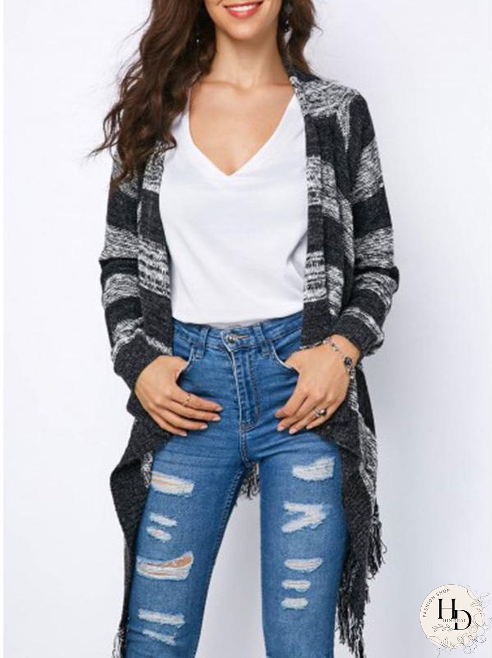 Fashion Knitting Tassels Striped Sweater