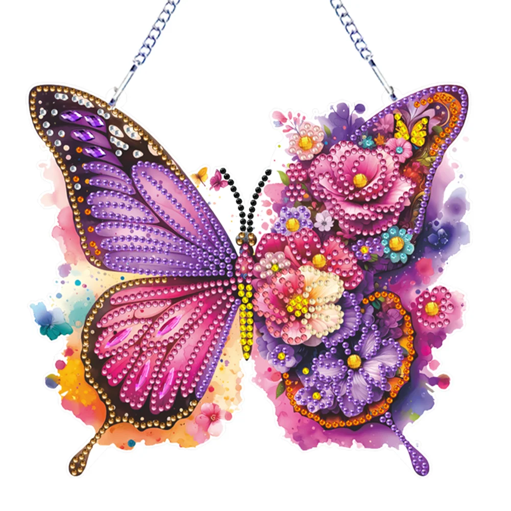 DIY Purple Butterfly and Flowers Acrylic Diamond Painting Hanging Pendant Decor