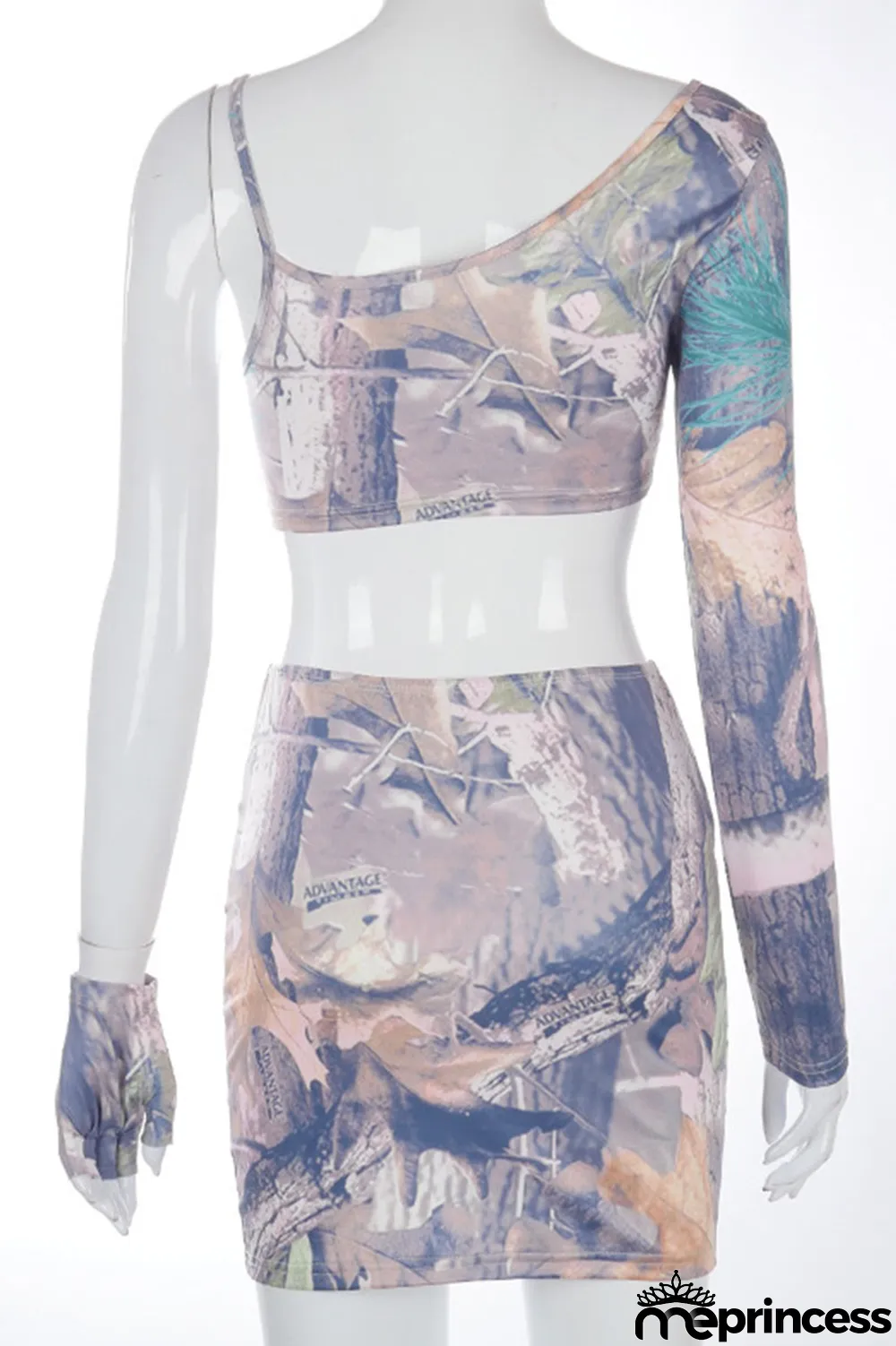 Grey Celebrities Print Floral Oblique Collar Long Sleeve Two Pieces