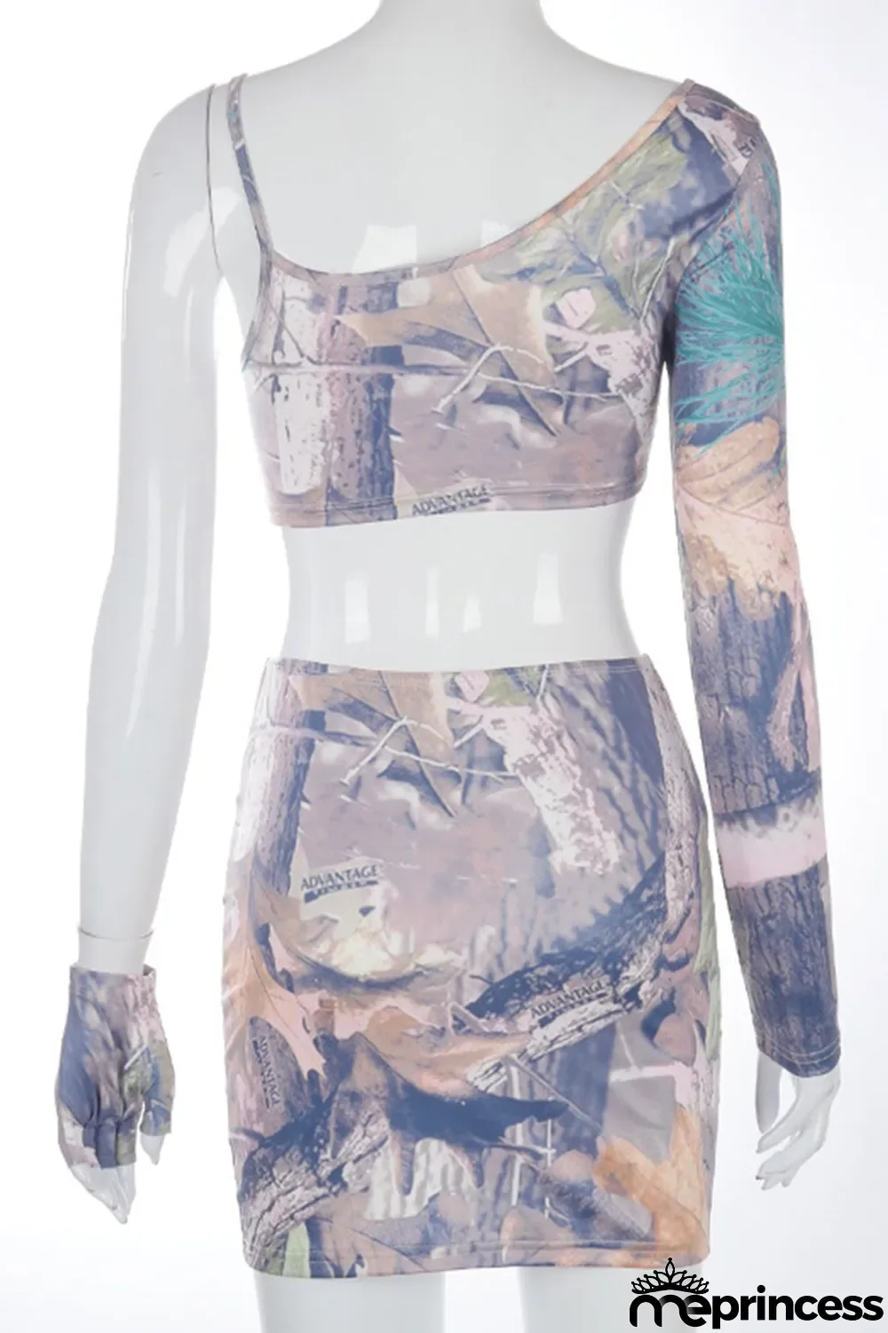 Grey Celebrities Print Floral Oblique Collar Long Sleeve Two Pieces