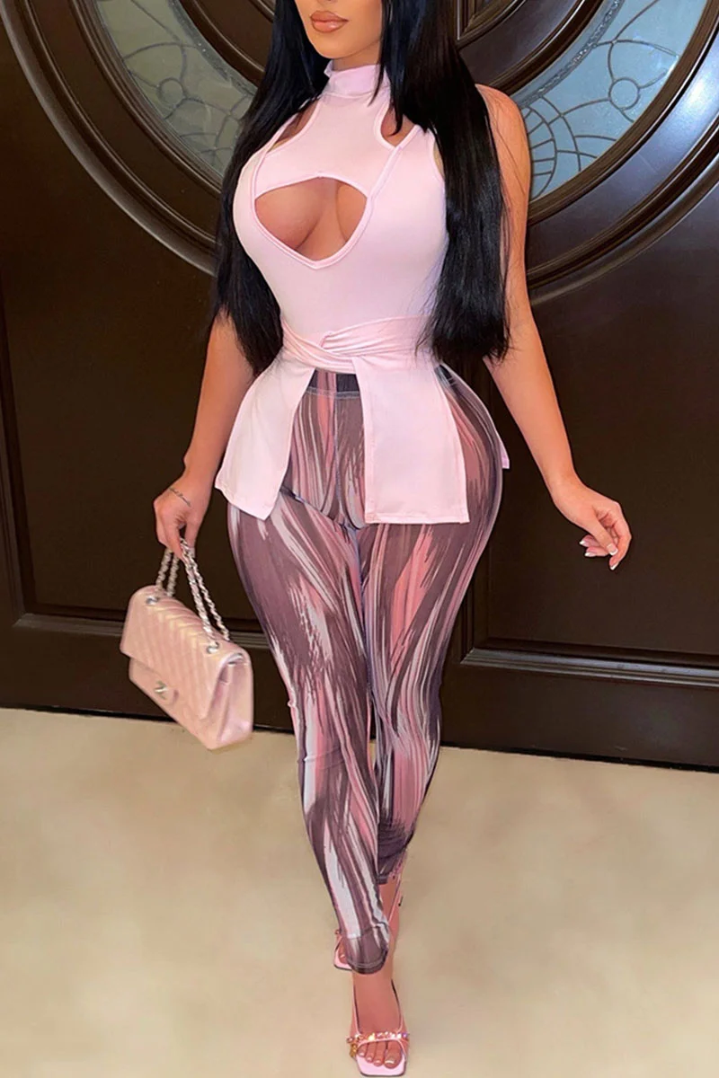 Pink Sexy Solid Hollowed Out Split Joint Asymmetrical Half A Turtleneck Sleeveless Two Pieces