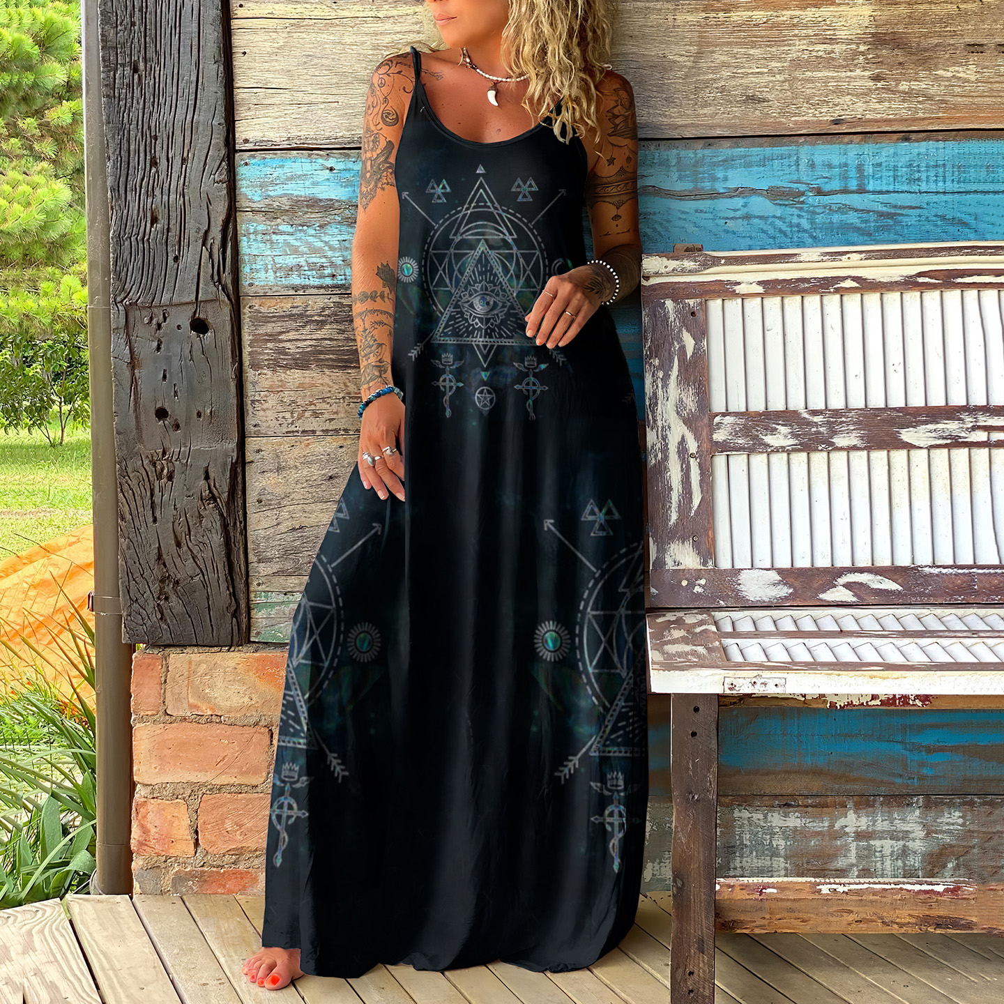Viking Eyes Runes Ethnic Print Slip Maxi Dress