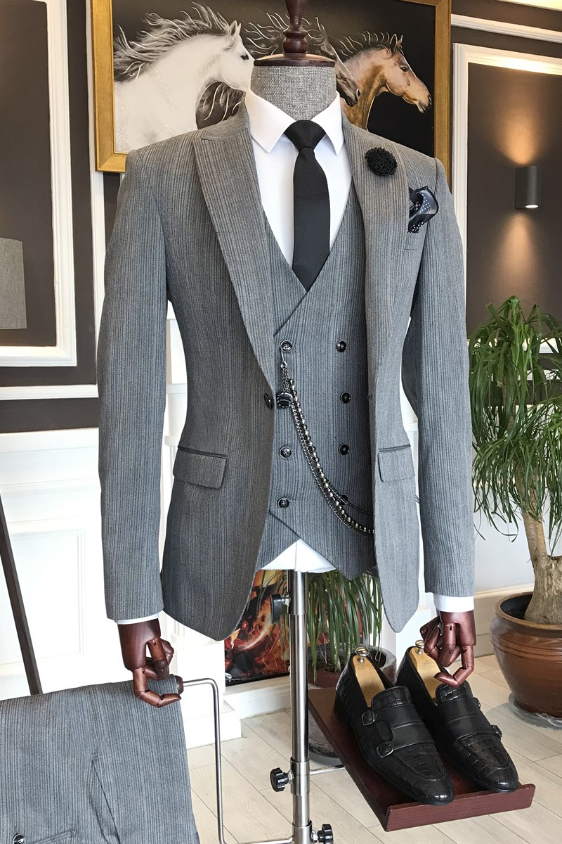 Bellasprom Gery One Button Peaked Lapel Three-Pieces Business Men Suits Bellasprom