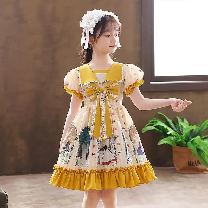 Girls Lolita Dress College Sailo Style Bow Causal Wedding Party Birthday Costume Princess Flower Girls Dress Kids Tutu Dress