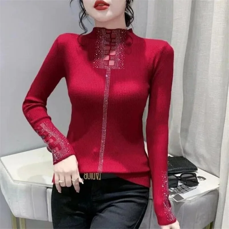 Mesh Splice T-shirt Women Kinted Tees Half High Collar Hot Drilled Pullover Autumn Winter Temperament Slim Basice Female Tshirt