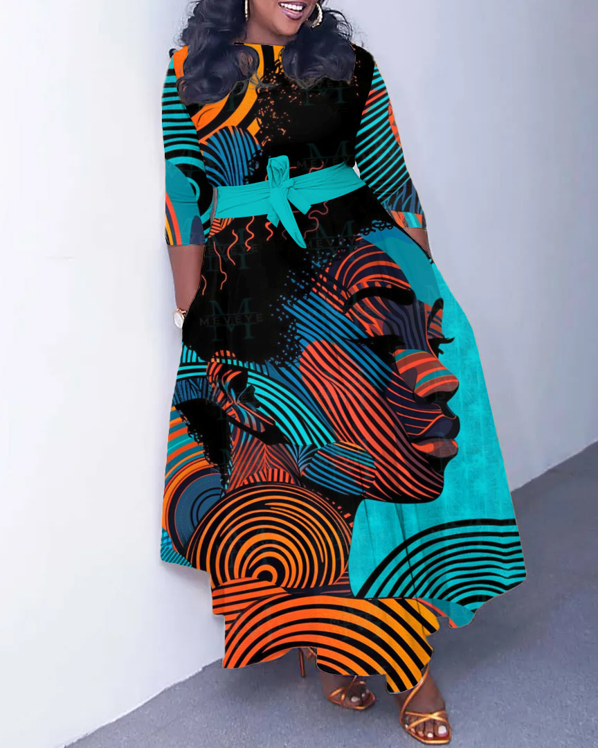 Irregular Stripes Girl Art Long Sleeve Pockets Maxi Dress