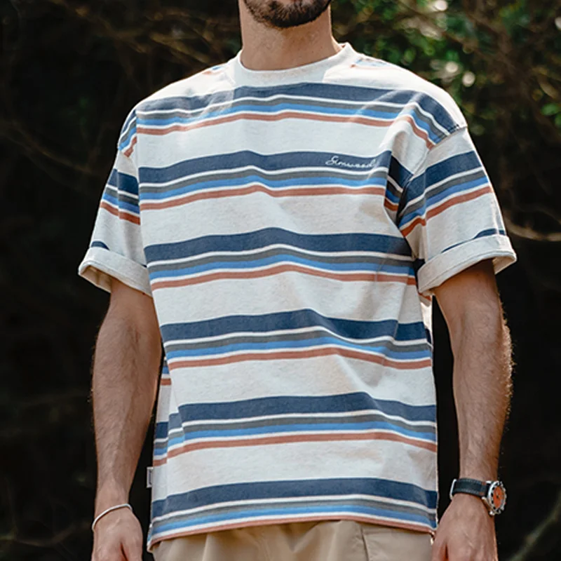Retro Distressed Heavy Striped Round Neck Short-Sleeved T-Shirt