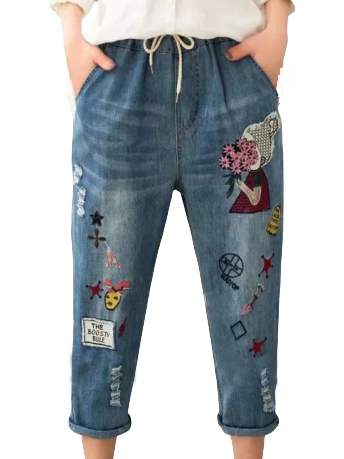 Denim Casual Floral Pants