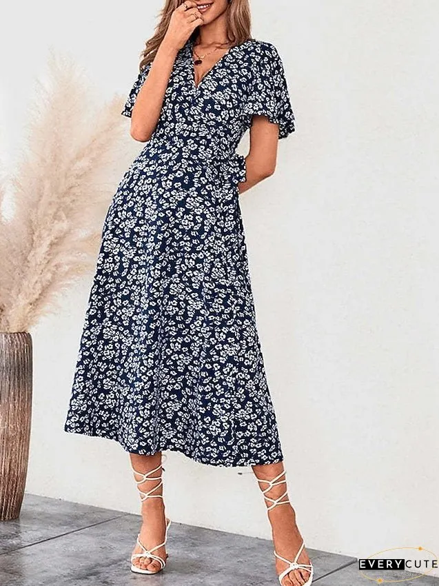 Casual Dress Wrap Line Floral Ditsy Lace Split Neck Midi Fashion Streetwear Outdoor Daily