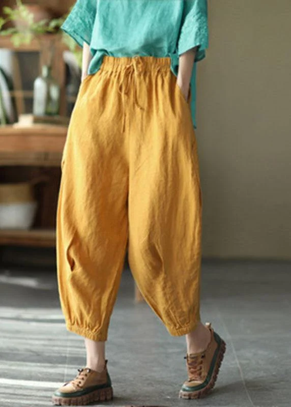 Simple Yellow Retro High Waist Pockets Summer Pants Linen