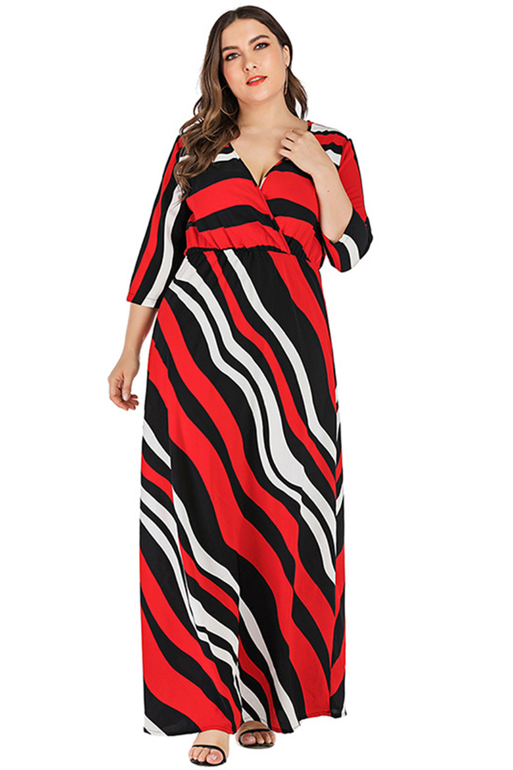 Plus Size Vacation Red Striped Print Wrap 3/4 Sleeve Maxi Dress