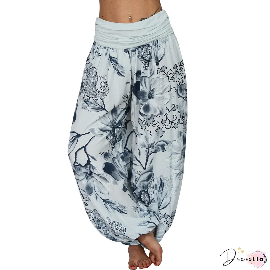 Novelty Black Print Elastic Waist Crop Harem Pants