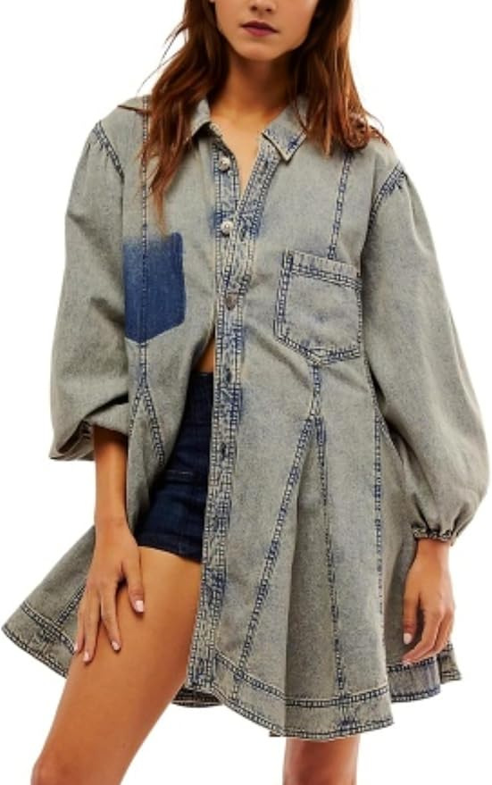 Mature Women Fashion Long Lantern Sleeve Button Denim Dress