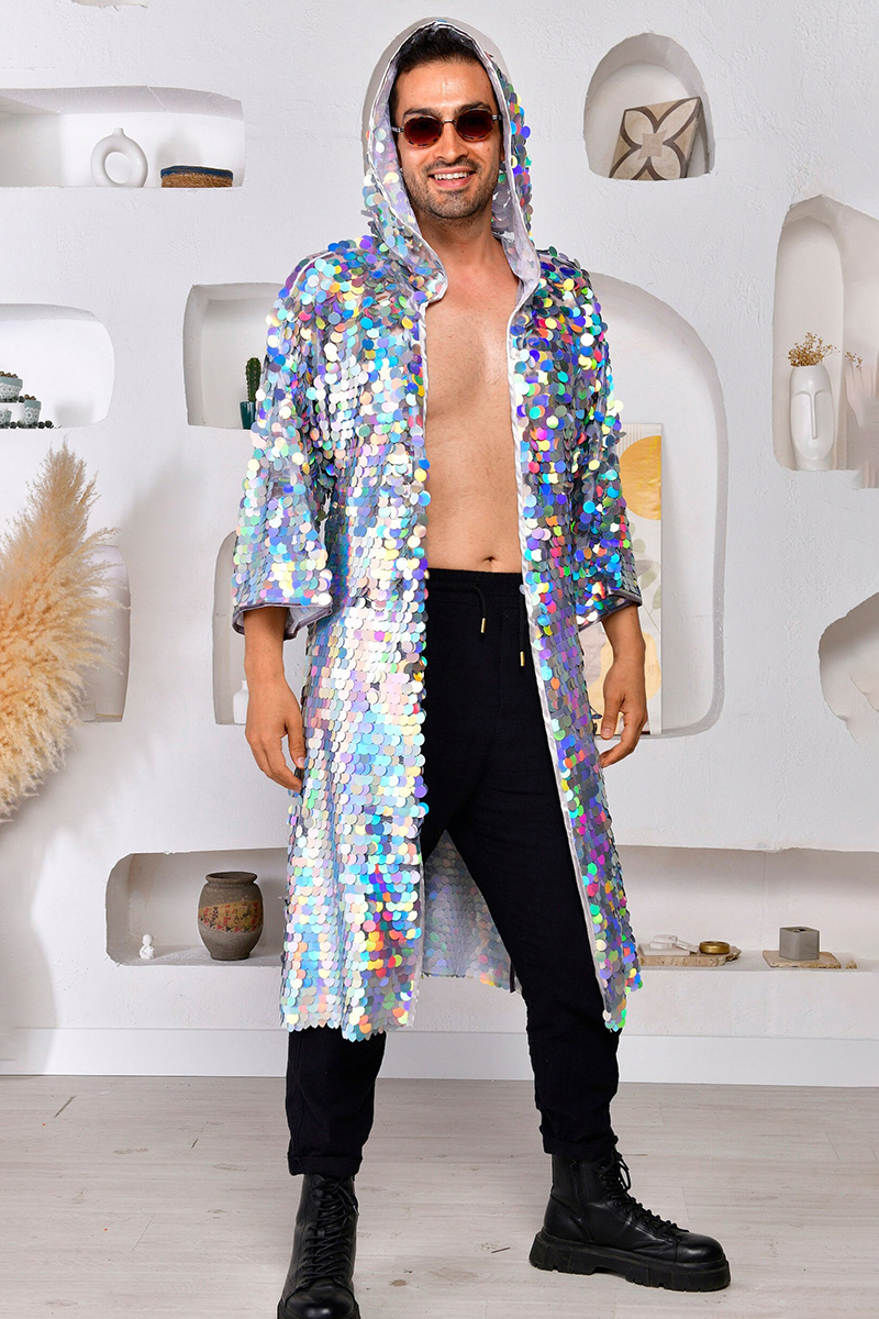 Unisex Laser Disco Sequin Party Hooded Festival Kimono