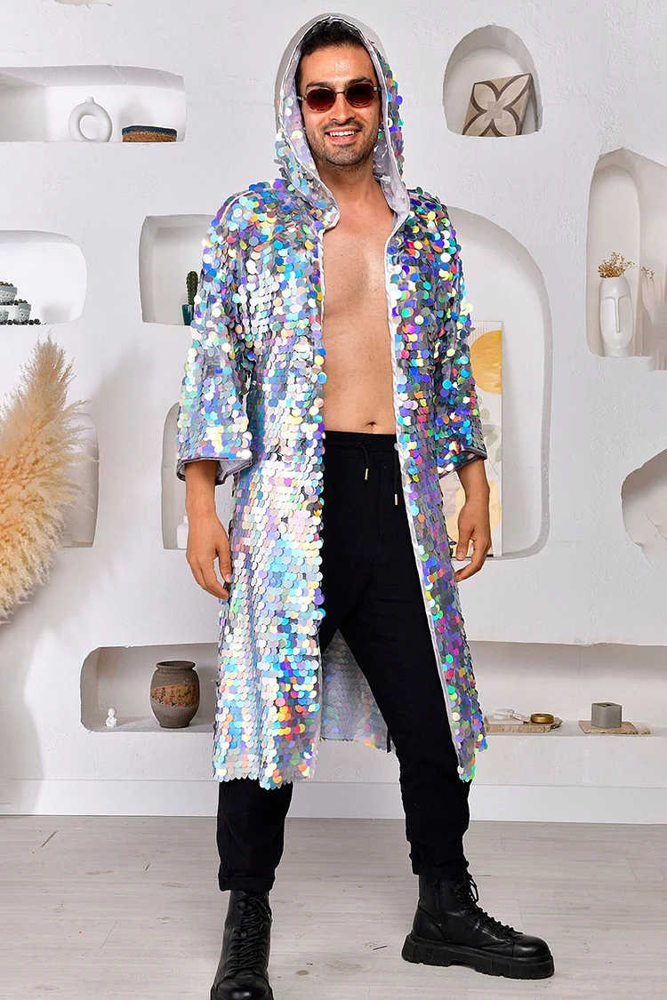 Unisex Laser Disco Sequin Party Hooded Kimono