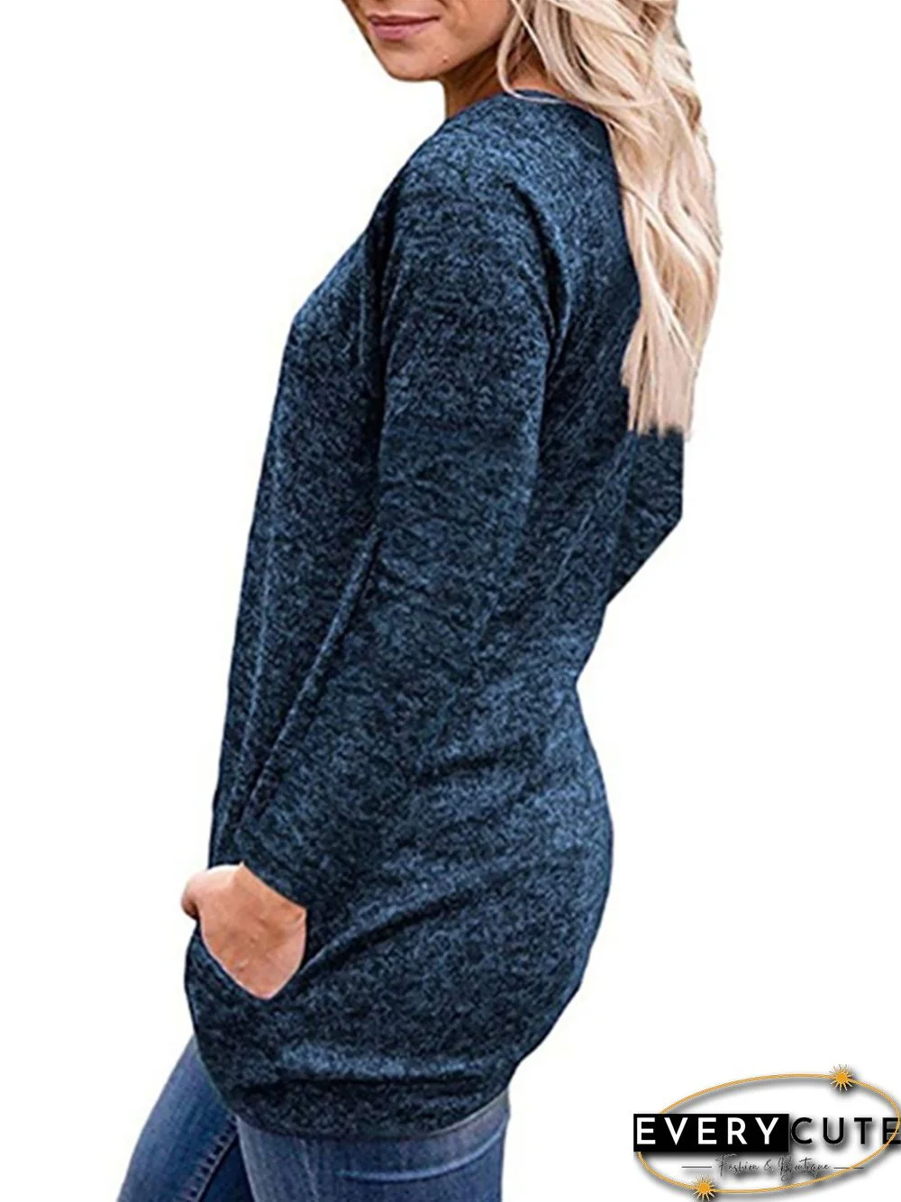 Casual Solid Button Long Sleeves Tunic Pocket Long Sleeve T-shirt