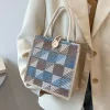 Casual Plaid Canvas Linen Lunch Shopping Bag