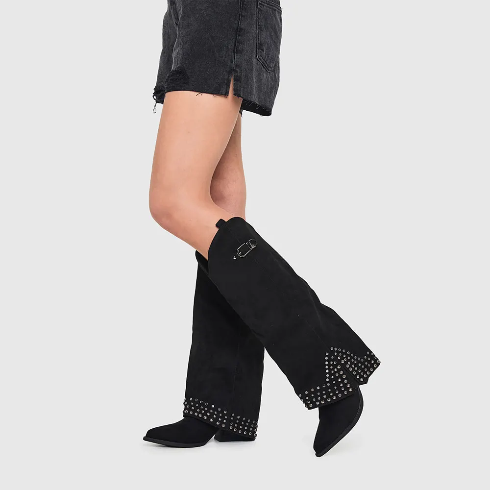 Black Pointed Toe Buckle Fold-Over Knee High Studded Cowgirl Boots