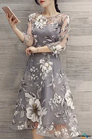 Gray A Line Women 3 4 Sleeve Party Printed Floral Elegant Midi
