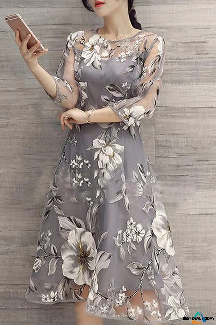 Gray A Line Women 3 4 Sleeve Party Printed Floral Elegant Midi Dress P116457 Gray A Line Women 3 4 Sleeve Party Printed Floral Elegant Midi Dress P116457