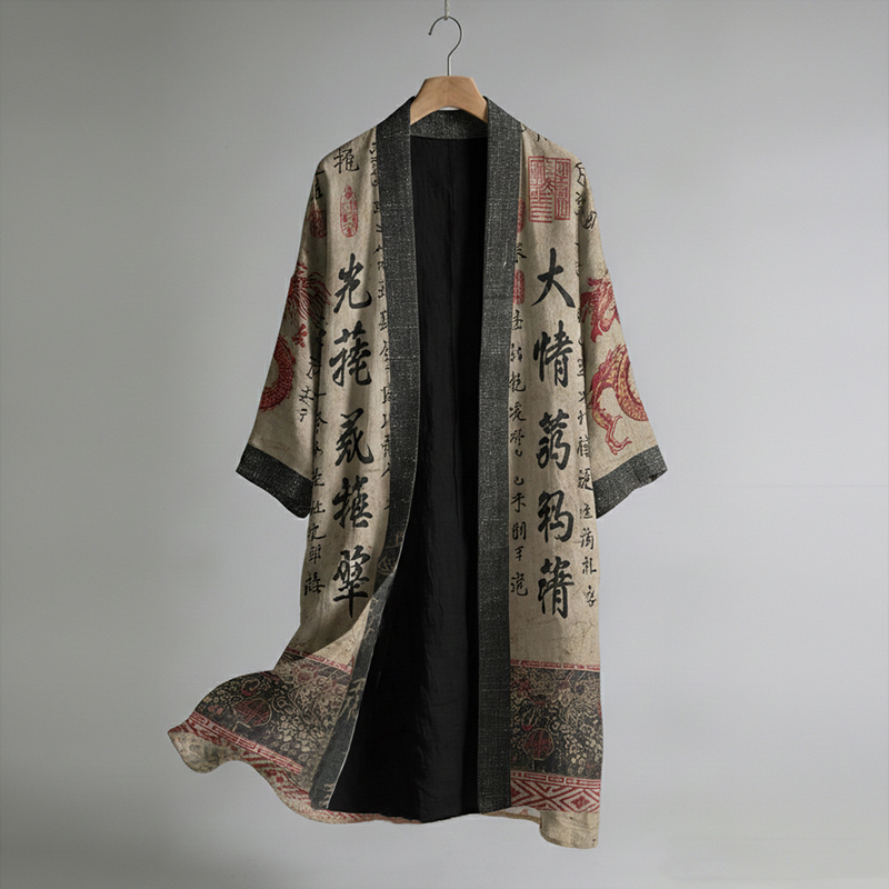 Retro Japanese Calligraphy And Dragon Art Pattern Casual Linen Blend Cardigan Kimono  artssus