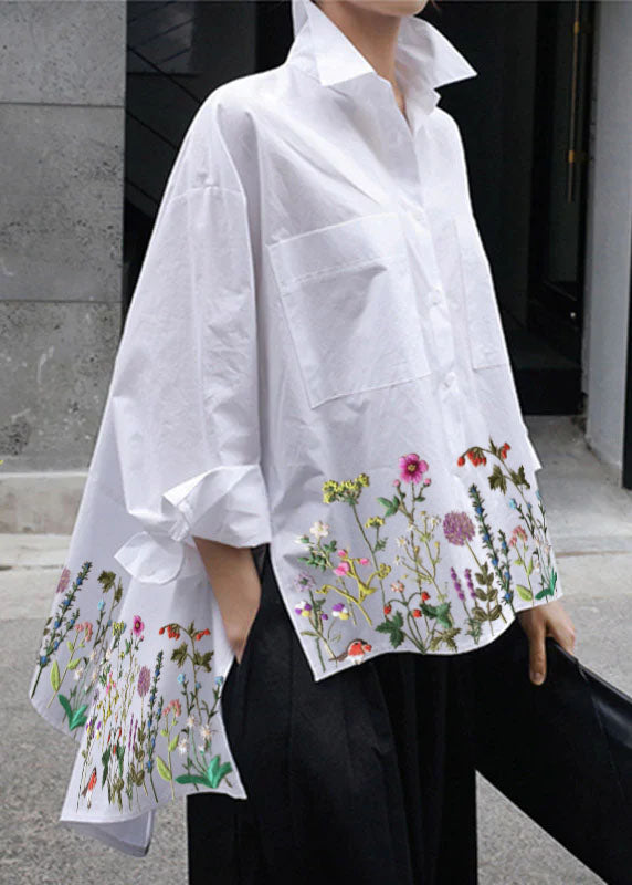 VCSHOES Natural White Floral Peter Pan Collar Low High Design Button Pockets Cotton Shirts Long Sleeve